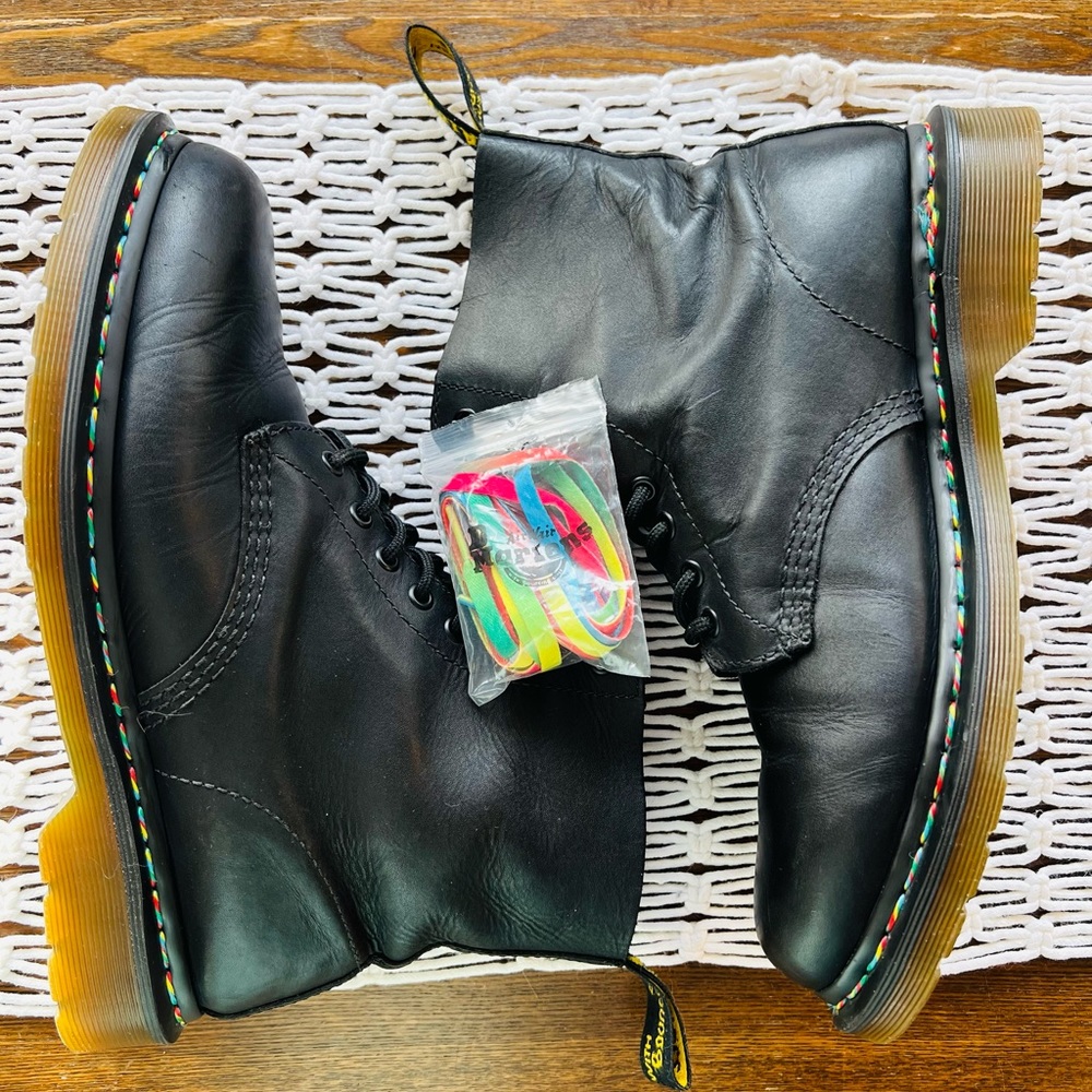 Dr. Martens 1460 Pascal Rainbow Stitch Lace Up Boot, Black, Men’s size 10.